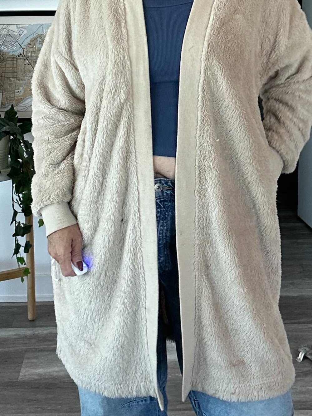 Faux fur long cardigan, cream, size M